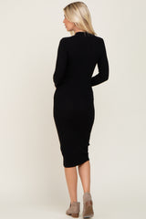 Black Brushed Knit Long Sleeve Mock Neck Dress