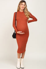 Rust Brushed Knit Long Sleeve Mock Neck Maternity Dress