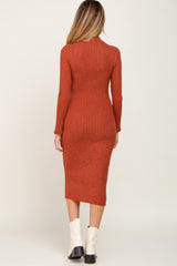 Rust Brushed Knit Long Sleeve Mock Neck Maternity Dress