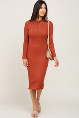 Rust Brushed Knit Long Sleeve Mock Neck Maternity Dress