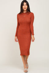 Rust Brushed Knit Long Sleeve Mock Neck Dress