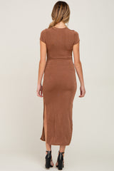 Camel Short Sleeve Side Slit Maternity Maxi Dress