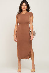 Camel Short Sleeve Side Slit Maxi Dress