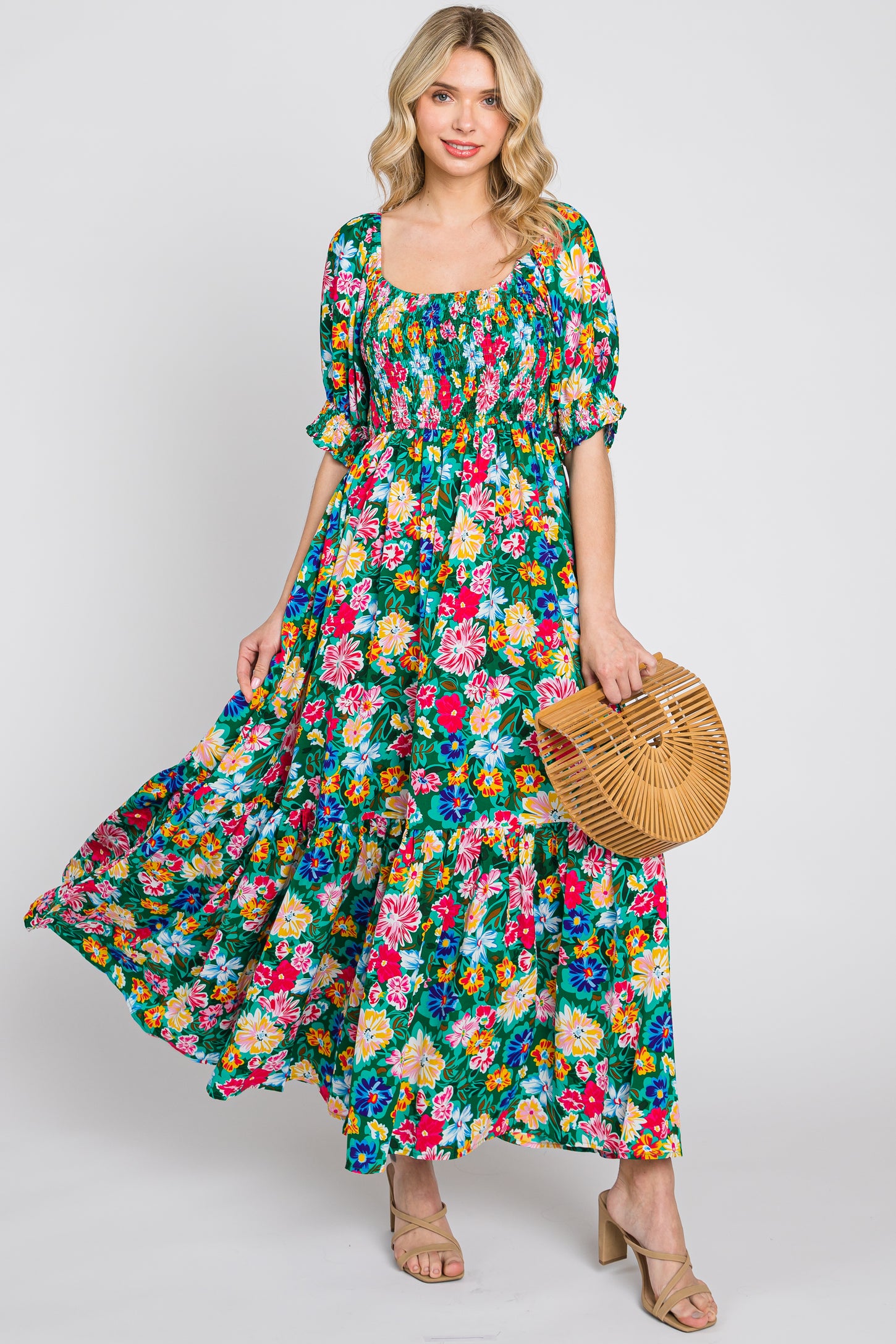 Green Floral Smocked Puff Sleeve Maxi Dress
