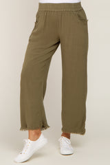 Olive Linen Frayed Hem Crop Maternity Pants