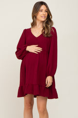 Burgundy Long Sleeve Gathered Tier Maternity Dress