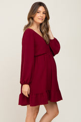 Burgundy Long Sleeve Gathered Tier Maternity Dress