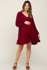 Burgundy Long Sleeve Gathered Tier Maternity Dress