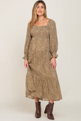 Mocha Leopard Print Square Neck Smocked Maternity Midi Dress