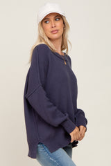 Navy Exposed Seam Side Slit Sweater