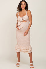 Taupe Floral Knot Front Smocked Maternity Midi Dress