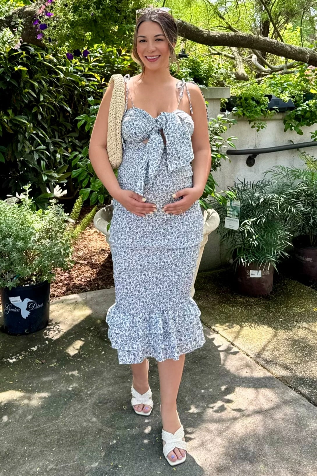 Blue Floral Knot Front Smocked Maternity Midi Dress