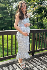 Blue Floral Chiffon Smocked Tiered Square Neck Maternity Midi Dress