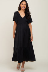 Black Satin Smocked Maternity Midi Dress