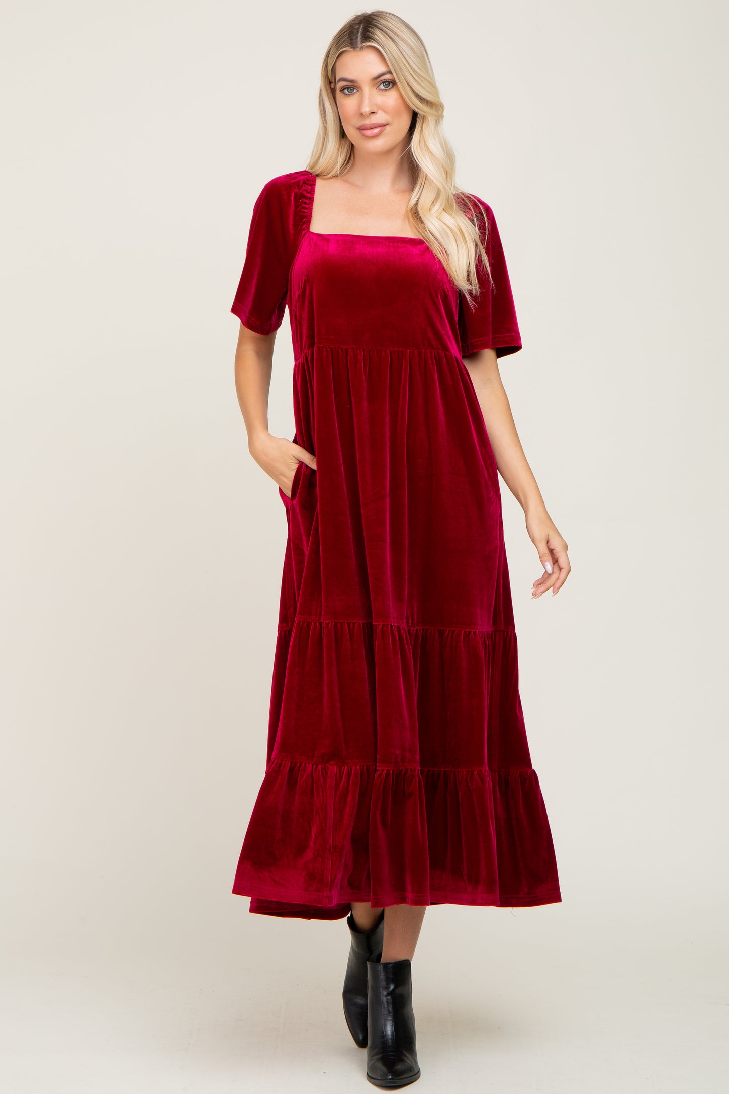 Burgundy Velvet Tiered Maternity Maxi Dress