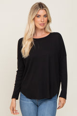 Black Waffle Knit Curved Hem Long Sleeve Maternity Top