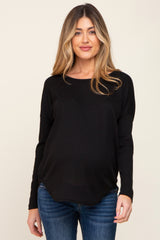 Black Waffle Knit Curved Hem Long Sleeve Maternity Top