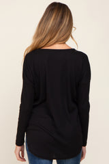 Black Waffle Knit Curved Hem Long Sleeve Maternity Top