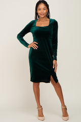 Forest Green Velvet Long Sleeve Side Slit Maternity Dress