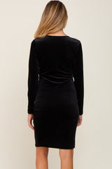 Black Velvet Long Sleeve Side Slit Maternity Dress