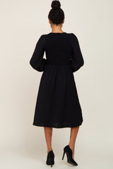 Black Smocked Long Sleeve Midi Dress