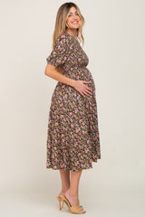 Multi-Color Floral Smocked Tiered Maternity Midi Dress