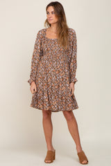 Mocha Floral Smocked Square Neck Dress