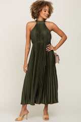 Olive Pleated Maternity Halter Dress