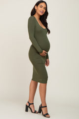 Olive Long Sleeve Square Neck Maternity Dress