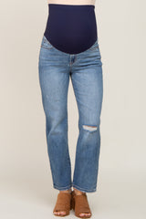 Blue Open Knee Maternity Straight Leg Jean