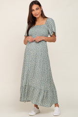 Mint Green Floral Smocked Flounce Sleeve Maternity Maxi Dress