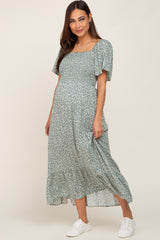 Mint Green Floral Smocked Flounce Sleeve Maternity Maxi Dress