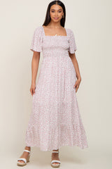 Ivory Floral Smocked Flounce Sleeve Maternity Maxi Dress