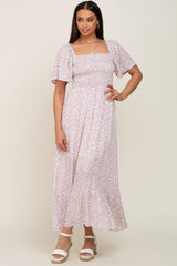 Ivory Floral Smocked Flounce Sleeve Maxi Dress