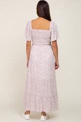 Ivory Floral Smocked Flounce Sleeve Maternity Maxi Dress