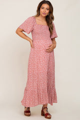 Mauve Floral Smocked Flounce Sleeve Maternity Maxi Dress