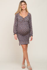 Navy Floral Print Long Sleeve Smocked Maternity Dress