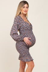 Navy Floral Print Long Sleeve Smocked Maternity Dress