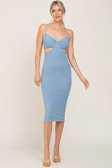 Light Blue Ribbed Side Cut Out Midi Dress