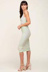 Green Striped Ribbed Fitted Midi Dress