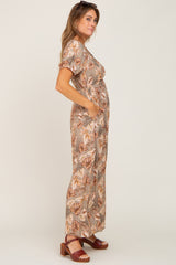 Taupe Leaf Print Cinched Accent Maxi Dress