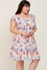 Cream Palm Print Smocked Flutter Sleeve Plus Dress