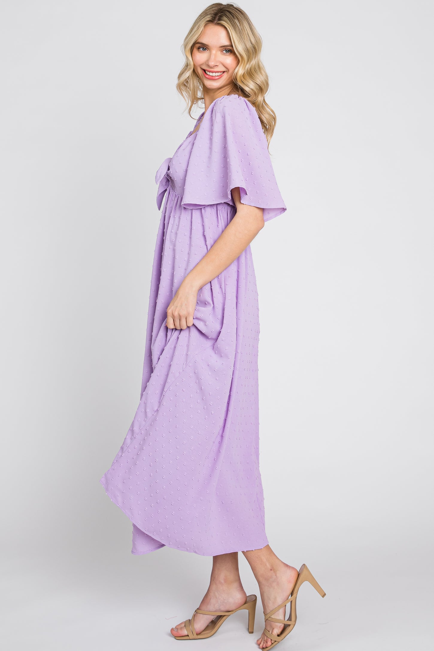 Lavender Textured Dot Front Tie Ruffle Sleeve Midi Dress