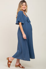 Navy Blue Textured Dot Front Tie Ruffle Sleeve Maternity Midi Dress
