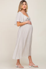 Grey Front Tie Ruffle Sleeve Maternity Midi Dress