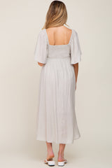 Grey Front Tie Ruffle Sleeve Maternity Midi Dress