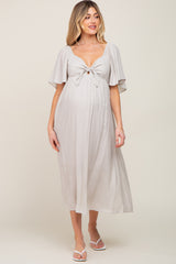 Grey Front Tie Ruffle Sleeve Maternity Midi Dress