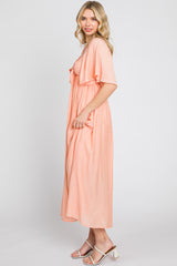 Peach Front Tie Ruffle Sleeve Midi Dress