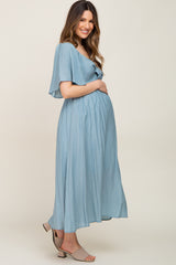 Blue Front Tie Ruffle Sleeve Maternity Midi Dress