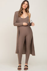 Mocha Ribbed Maternity Jumpsuit Two Piece Set